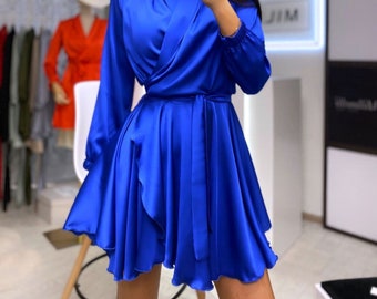 Electric Blue Silk Dress, Silk Wrap Mini Dress, Silk Mini Dress with Bracelet Sleeves, Silk Dress for Special Occasions, Wedding Guest Dress