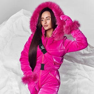 Hot Pink Women Ski Jumpsuit, Winter Snow Suit for Women, Warm Overalls Womens, Snowboarding suit women, Ski One-piece for Women, Snowsuit Pink