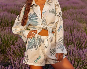Linen Two-piece Set with High-Waisted Shorts and Shirt, Floral Print Linen Shorts Suit, Summer Suit for Women with shorts