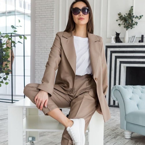 Beige Blazer Pants Suit for Women Beige 
