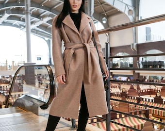 Wool Wrap Coat for Women, Womens Wool Coat with belt, Elegant Wool Coat, Wool camel coat women, Long Wrap camel Coat