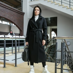 Black wool coat women, Wool Wrap Coat, Womens Wool Coat with belt, Elegant Wool Coat, Green Minimalist Coat for Women, Long Wrap Coat