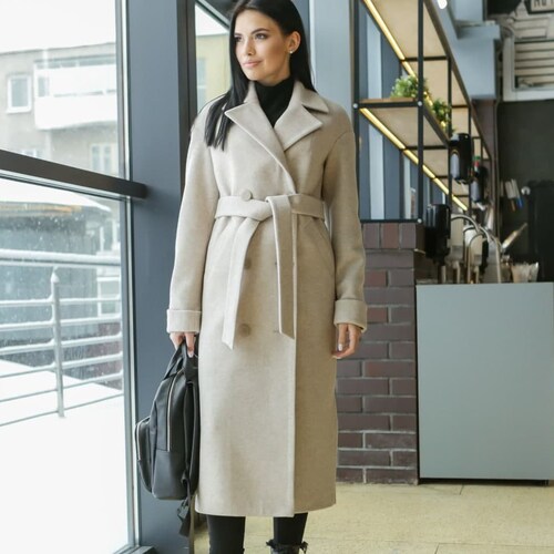 Beige wool coat women, Wool Wrap Coat, Womens Wool Coat with belt, Elegant Wool Coat, Minimalist Coat for Women, Long Wrap Coat