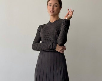 Dark Grey Midi Hollow Out Dress with Pleated Skirt, Modest Midi Dress for Women, Knit Midi Dress Womens, Knit Modest Dress