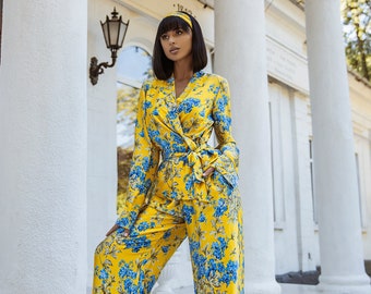 Yellow Floral pants suit for women with wide leg pants and wrap blazer, Silk Floral Pantsuit for Women Summer Blazer trouser for women