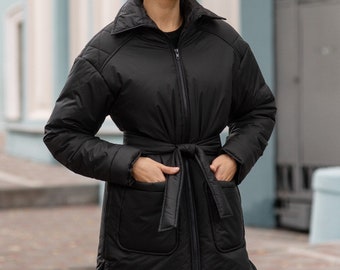 Black Wrap Puffer Coat Quilted Black Puffer Coat for Women 