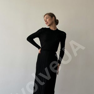 Black Midi Hollow Out Dress with Pleated Skirt, Spring Fall Cotton Dress with Ajour Top, Black Knit Sleeved Midi Dress, Modest Midi Dress