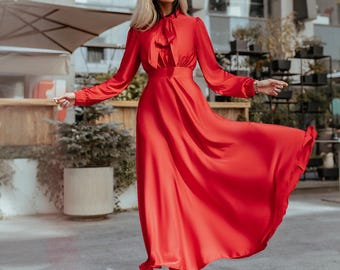 Red Silk Midi Dress with Bow Tie Neck Long Sleeves Modest Wedding Guest