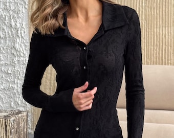 Black Floral Lace Blouse with Point Collar and Long Sleeves