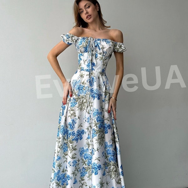 Floral Silk Maxi Dress with side slit and bustier Top, Floral Silk Maxi Dress for Summer, Vacation Dress for Honeymoon