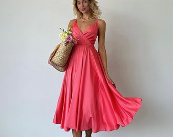 Coral Pink Silk Midi Dress with Open back, Coral Silk Bridesmaid Midi Dress, Pink Maid of Honor Dress, Silk V-neck Midi Dress for Women