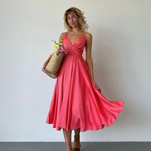 Coral Pink Silk Midi Dress with Open back, Coral Silk Bridesmaid Midi Dress, Pink Maid of Honor Dress, Silk V-neck Midi Dress for Women