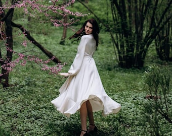 Ivory Silk Satin Wrap Midi Dress Bishop Sleeves Tiered Ruffle Hem