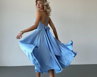 Light Blue Silk Midi Dress without Sleeves, Silk Open Back Midi Slip Dress for Special Occasions, Silk Circle Midi dress for Bridesmaids