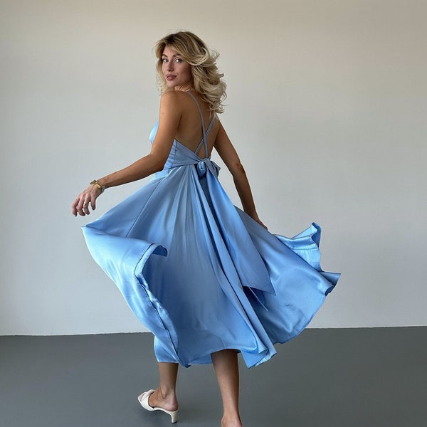 Light Blue Silk Midi Dress without Sleeves, Silk Open Back Midi Slip Dress for Special Occasions, Silk Circle Midi dress for Bridesmaids