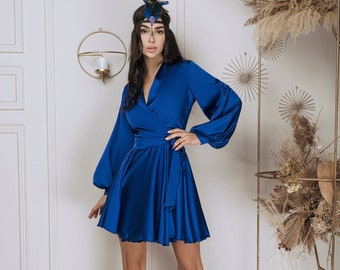 Electric Blue Silk Wrap Mini Dress, Special Occasion Silk Dress Wedding Guest Silk Dress Blue  Silk Dress with Long Sleeves