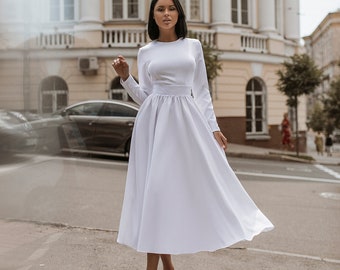 White Modest Midi Dress for Civil Wedding, Courthouse Wedding Midi Dress with Sleeves, White Midi Circle Skirt Dress for Women