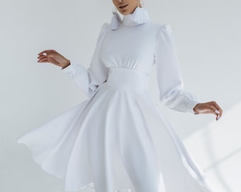 White Midi Dress with Long Sleeves and Circle Skirt, Civil Wedding Bridal Dress Midi, Modest Engagement Dress, Courthouse wedding Dress