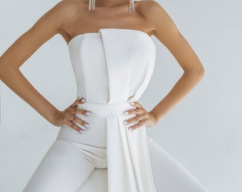 Weißer Brautoverall ohne Ärmel, Brauthosenanzug für die standesamtliche Hochzeit, Probeessenanzug für die Braut, weißer formeller Overall für Frauen