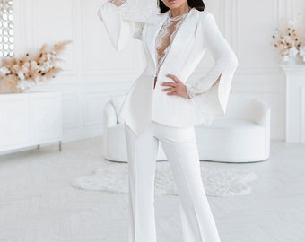 White Pantsuit for Women, White formal suit set for women, white bridal pantsuit set,  Blazer Trouser Suit for Women, Rehearsal dinner Suit