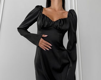 Black Silk Midi Dress with Long sleeves, Elegant Fall Dress for Evening, Side Slit Midi Dress Voluminous Sleeves, Black Wedding Guest Dress