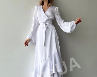 Robe portefeuille en soie blanche, Robe midi portefeuille en soie, Robe en soie élégante, Robe portefeuille à manches longues, Robe de mariée blanche en soie