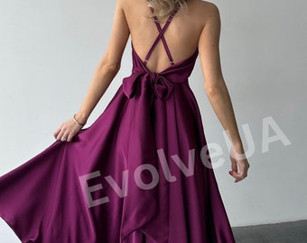 Fuchsia Silk Midi Dress with Open back, Pink Silk Bridesmaid Midi Dress, Pink Maid of Honor Silk Dress, Silk V-neck Midi Dress for Women