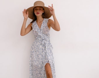 White Floral Wrap Maxi Dress, Floral Wrap Midi Dress Womens, Chiffon Sundress without sleeves, White and Blue floral Wrap Midi Dress Summer