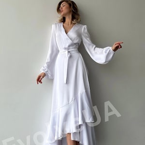 White Silk Wrap Dress, Silk Wrap Midi Dress, Elegant Silk Dress Long Sleeve Wrap Dress,  White Courthouse Wedding Dress Silk