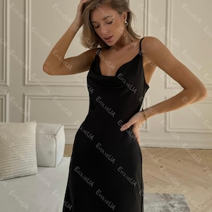 Silk Slip Dress with Cowl Neck, Black Midi Silk Satin Dress, Camisole Dress for Special Occasions, Wedding Guest Dress Black