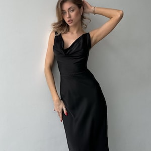 Black Silk Full length Cowl Neck Dress for Special Occasions & Celebrations, Wedding guest or Bridesmaids black gown, Birthday photoshoot