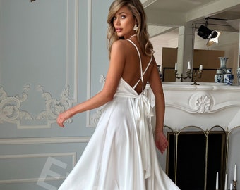 Robe midi en soie blanche avec dos nu, Robe midi en soie blanche, Robe en soie de mariage civil blanche, Robe midi en soie à col en V pour femme