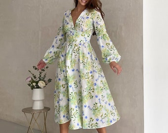 White Floral Natural Cotton Midi Dress with Long Bishop Sleeves, Blue Modest Casual Dress, Church Dress Orthodox Midi Dress with Sleeves