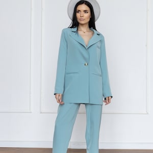 Light Blue Pantsuit for Women, Blazer Trouser Suit Set for Women, Pantsuit  With Oversized Blazer and Long Pants, Women's Business Suit Pink 