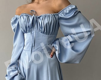 Light Blue Silk Maxi Dress with side slit and bishop sleeves, Light Blue Elegant Silk Dress with Long Sleeves, Silk Modest Maxi Dress Womens