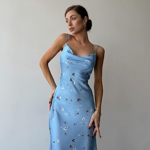Light Blue Floral Silk Slip Dress, Cowl Neck Midi Dress with Spaghetti Straps for Garden Party, Summer Date or Casual Elegant Outfit