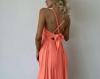 Coral Silk Midi Dress Open Back, Self-Tie Bow and Circle Skirt