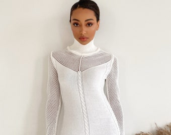 Robe midi en tricot blanche pour femme, robe en tricot à col roulé pour femme, robe-pull en tricot blanche