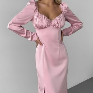 Dusty Pink Satin Midi Dress Long Sleeves and Sweetheart Neckline