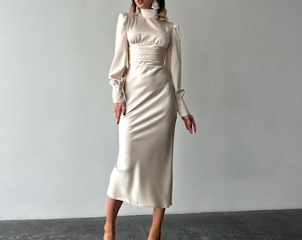 Ivory Satin Midi Sleeved Dress with Mockneck and Open Back