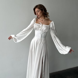 silk white dress with sleeves White Silk Wrap Mini Dress Silk Mini Dress True Wrap Style, White Elopement Mini Silk Dress with Bracelet Sleeves, Civil Wedding Mini Dress