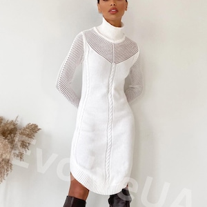 White Knit Midi Dress with Mesh Sleeves, Turtleneck Knit Dress for Women, White Knit Sweaterdress
