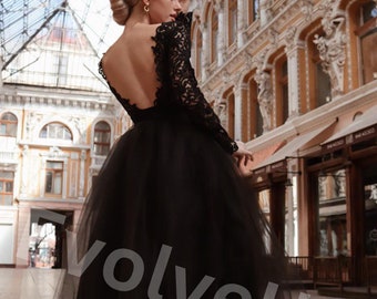 Black Open Back Tulle Evening Dress, Maxi Black Tutu Dress, Two Piece Puffed Tulle Outfit, Black Wedding Dress, Tulle Prom Dress Black