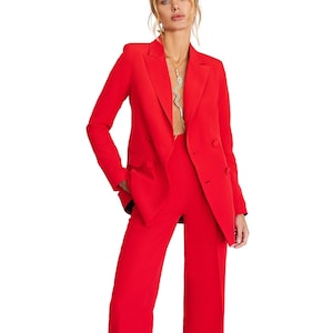 Red belted Pantsuit for tall women, Red Formal Suit with Wide leg pants and buttoned Blazer for women, Red Blazer trouser suit for women