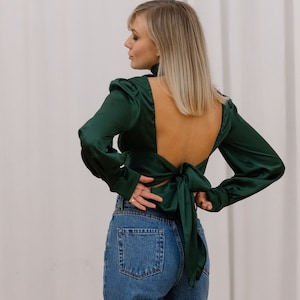 Emerald Green Silk Open Back Blouse with Long Sleeves