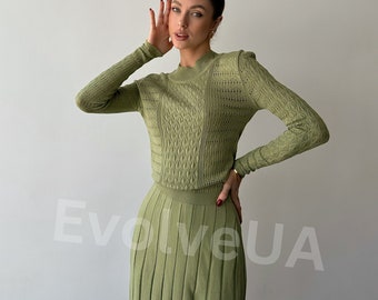 Olive Green Midi Hollow Out Dress with Pleated Skirt, Modest Midi Dress for Women, Knit Midi Dress Womens, Knit Modest Dress