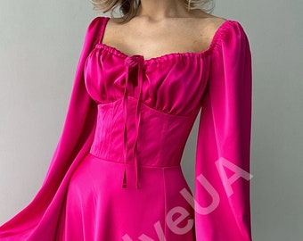 Hot Pink Silk Maxi Dress with side slit and bishop sleeves, Bright Pink Elegant Silk Dress with Long Sleeves, Silk Modest Maxi Dress Womens