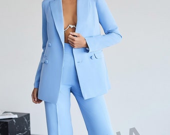 Light Blue Pantsuit for Women, Blazer Trouser Suit Set for Women, Pantsuit with Oversized Blazer and Long Pants, Women&#39;s Business Suit