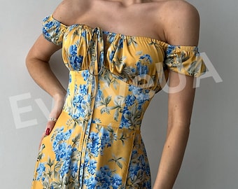 Yellow Floral Silk Maxi Dress with side slit and bustier Top, Floral Silk Maxi Dress for Summer, Vacation Dress for Honeymoon