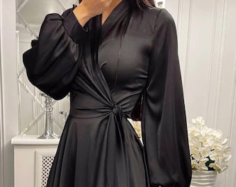 Black Silk Mini Wrap Dress, Long Sleeves - Etsy Black Silk Mini Wrap Dress, Long Sleeves - Etsy